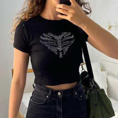 Trendy women's crop top with rhinestone skeleton pattern – Yara
