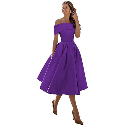 Off-the-shoulder, figure-hugging satin party dress for women – Mirella: Autumn Enchantment