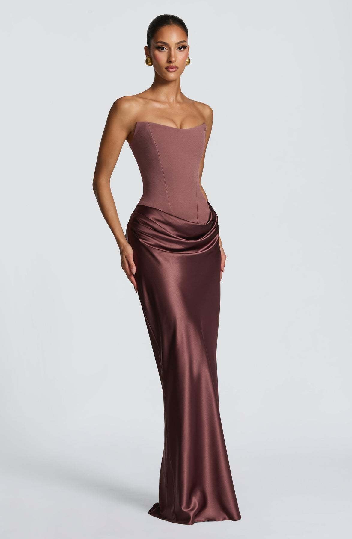 Dusky mauve-brown strapless corset maxi dress with satin skirt, front view 16