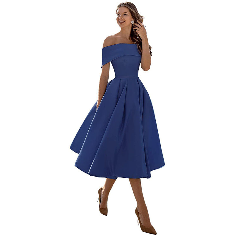 Off-the-shoulder, figure-hugging satin party dress for women – Mirella: Autumn Enchantment