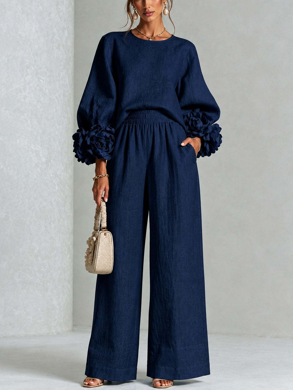Navy blue version of the set worn by a model, front view, with flower-trimmed puff sleeves 6
