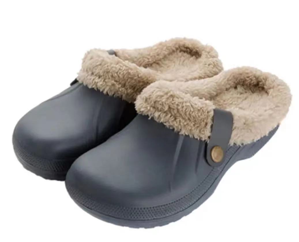 Pair of grey clogs with beige faux fur lining, shown together on a white background 15