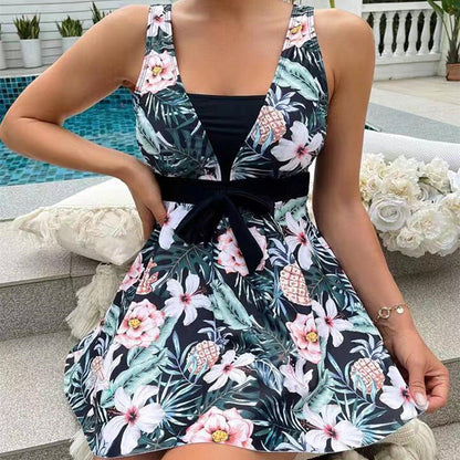 Trendy tankini with print and skirt-style lace – Zamira