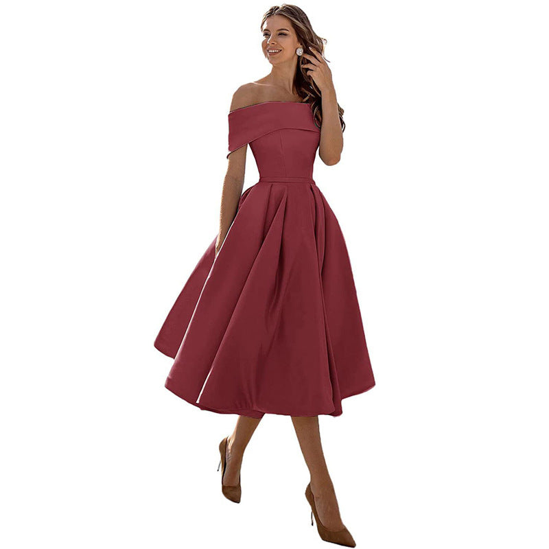 Off-the-shoulder, figure-hugging satin party dress for women – Mirella: Autumn Enchantment