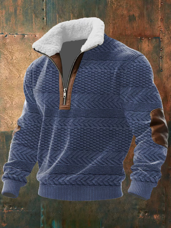 Blue version with a woven zigzag texture, fleece collar, brown zip trim and elbow patches 5