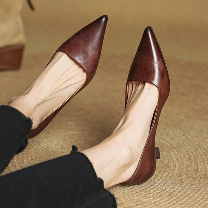 Women's Top-Grain Leather Kitten Heels, Slip-On Pointed Toe Pumps 21