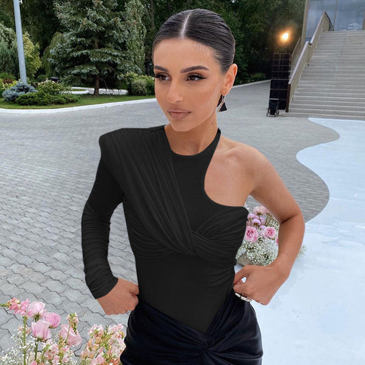 Stylish women's long-sleeve bodysuit with drape effect & figure-hugging cut – Mira