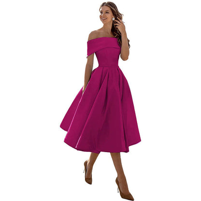 Off-the-shoulder, figure-hugging satin party dress for women – Mirella: Autumn Enchantment