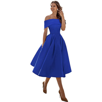 Off-the-shoulder, figure-hugging satin party dress for women – Mirella: Autumn Enchantment