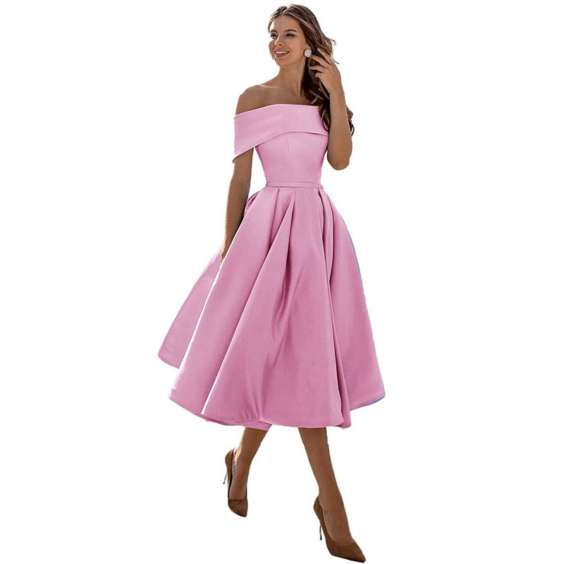 Off-the-shoulder, figure-hugging satin party dress for women – Mirella: Autumn Enchantment