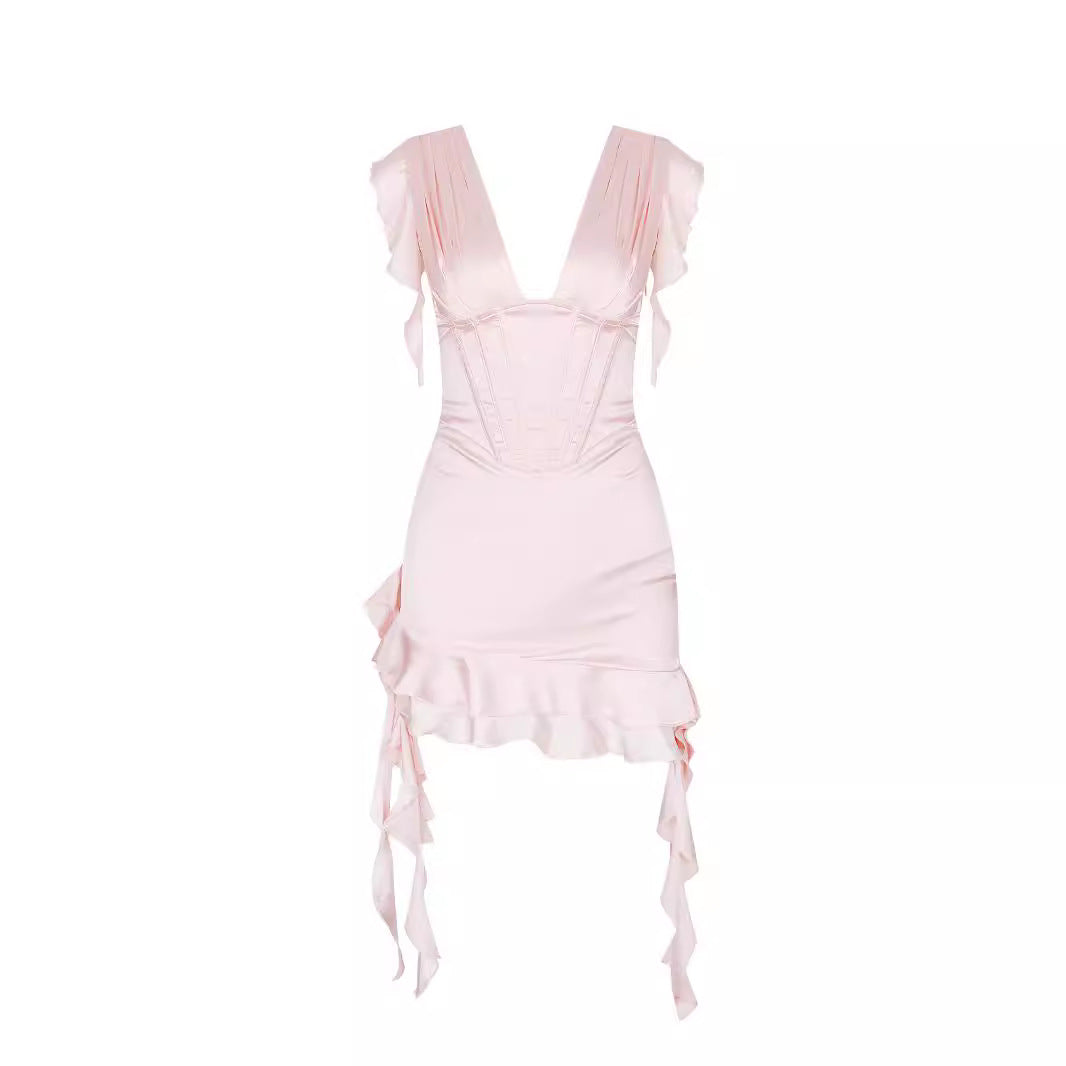 Asymmetrical ruffled dress with V-neckline & figure enhancement – Elira