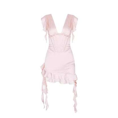 Asymmetrical ruffled dress with V-neckline & figure enhancement – Elira