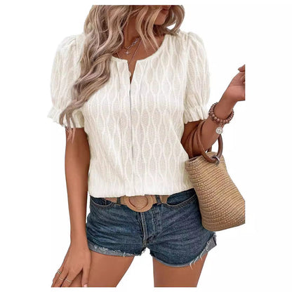 Airy & Stylish Women's Puff Sleeve Blouse with Lace Accent – Noemi