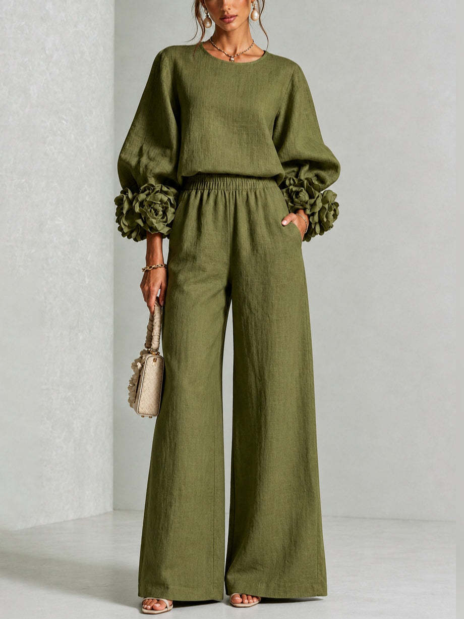 Olive green version of the set worn by a model, front view, with fabric flower cuffs 3