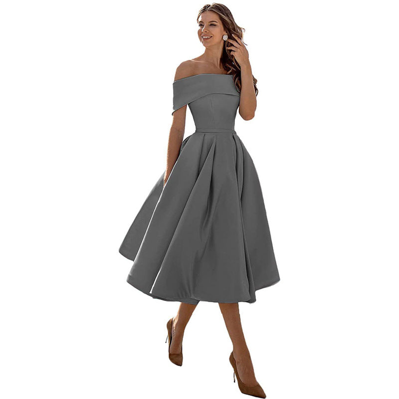 Off-the-shoulder, figure-hugging satin party dress for women – Mirella: Autumn Enchantment
