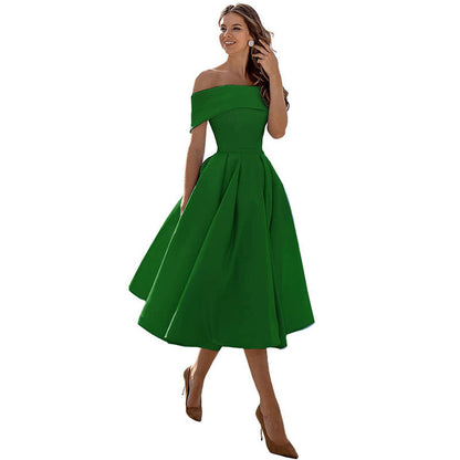 Off-the-shoulder, figure-hugging satin party dress for women – Mirella: Autumn Enchantment