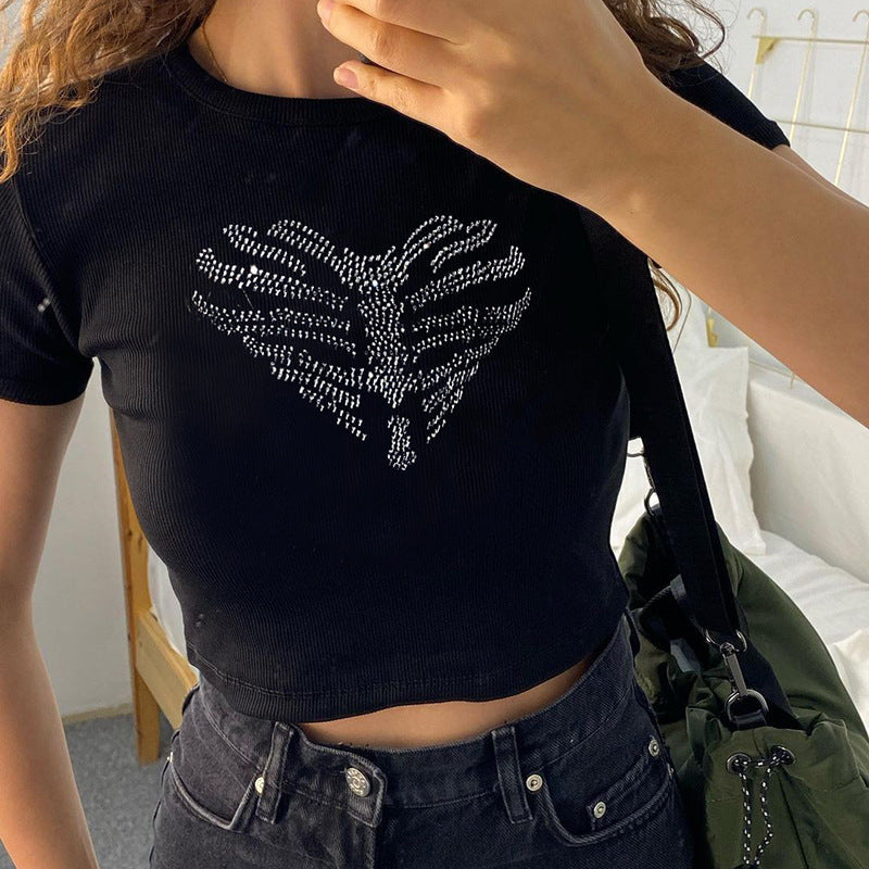 Trendy women's crop top with rhinestone skeleton pattern – Yara