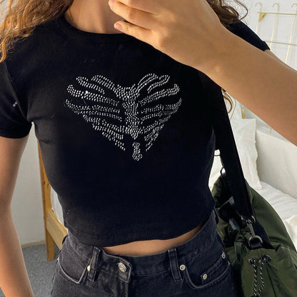Trendy women's crop top with rhinestone skeleton pattern – Yara