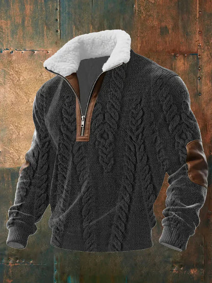 Dark charcoal version with chunky cable-knit pattern, fleece collar and brown leather-look elbow patches 3