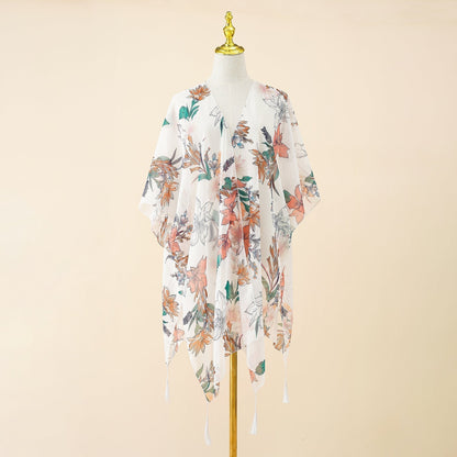 Kimono cover-up with floral print and fringe – Liora