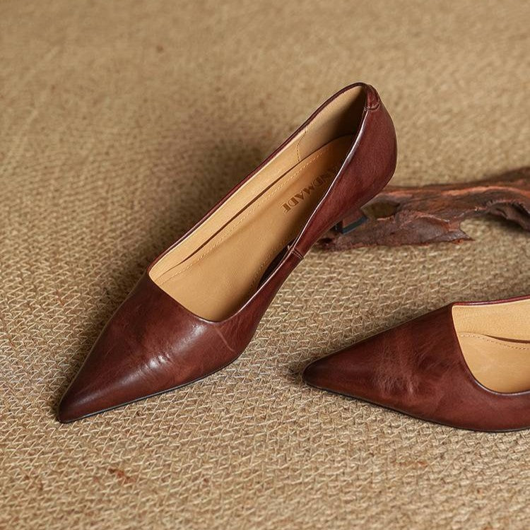 Women's Top-Grain Leather Kitten Heels, Slip-On Pointed Toe Pumps 22