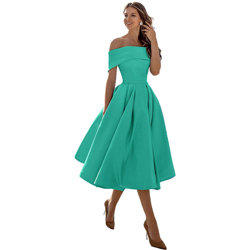Off-the-shoulder, figure-hugging satin party dress for women – Mirella: Autumn Enchantment