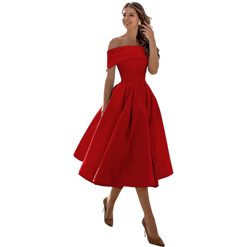 Off-the-shoulder, figure-hugging satin party dress for women – Mirella: Autumn Enchantment