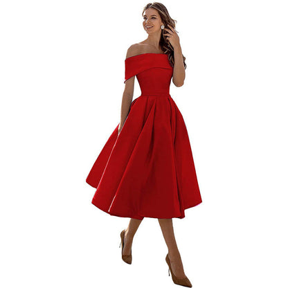 Off-the-shoulder, figure-hugging satin party dress for women – Mirella: Autumn Enchantment