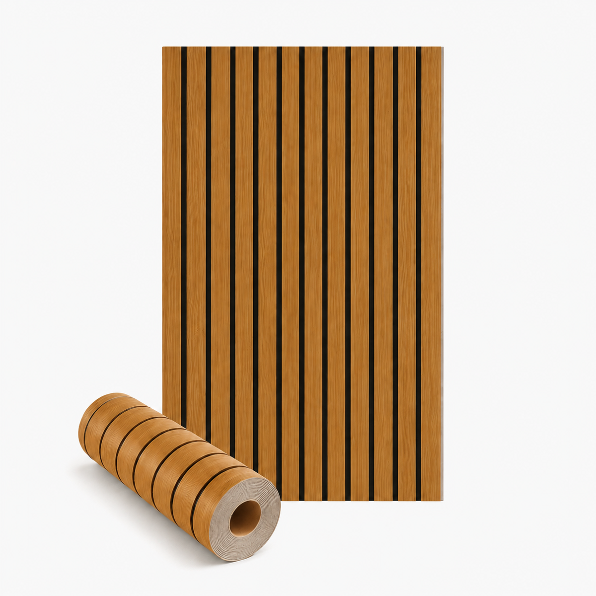 Warm wood-effect slat panel with black gaps, laid flat beside a loosely rolled length on white 1