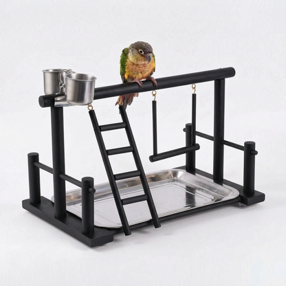 Black-finished version of the wooden playground with ladder, swing, steel cups and tray, with a conure perched on top. 6