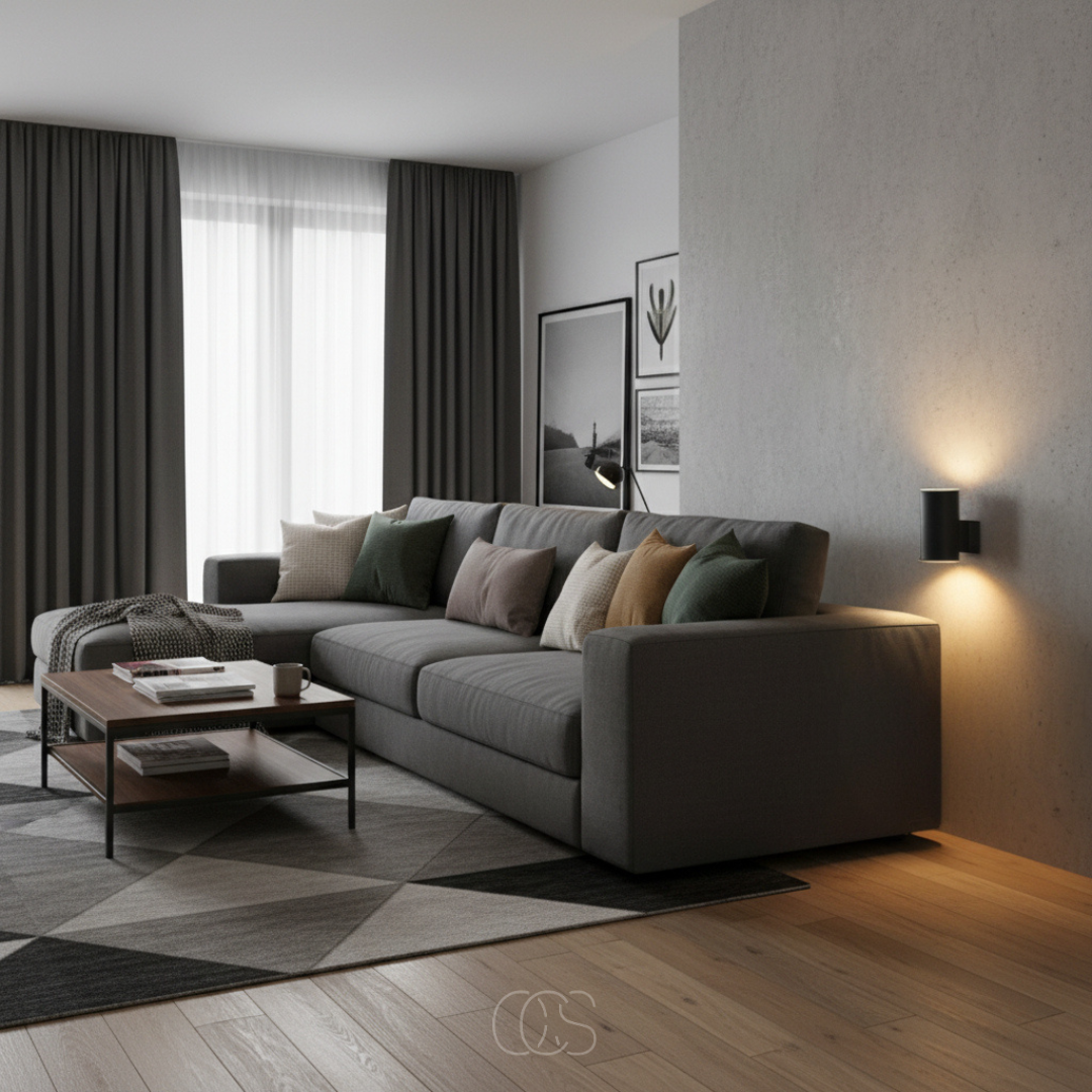 Black cylindrical light on a concrete wall lighting a living room with a grey corner sofa, patterned rug and coffee table. 8