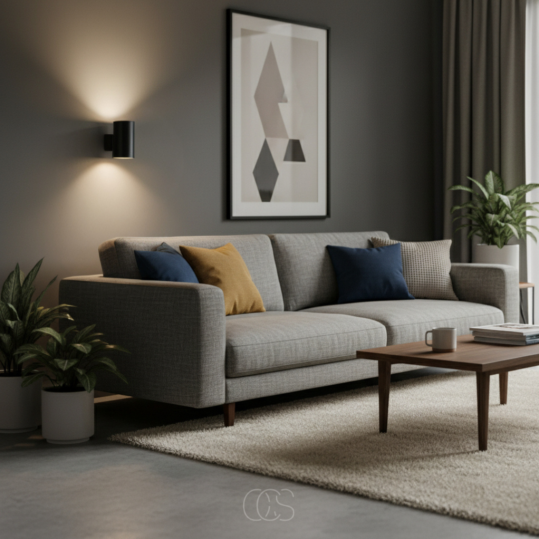 Black wall light glowing above a grey sofa with navy and mustard cushions, a framed print, plants and a wooden coffee table. 6