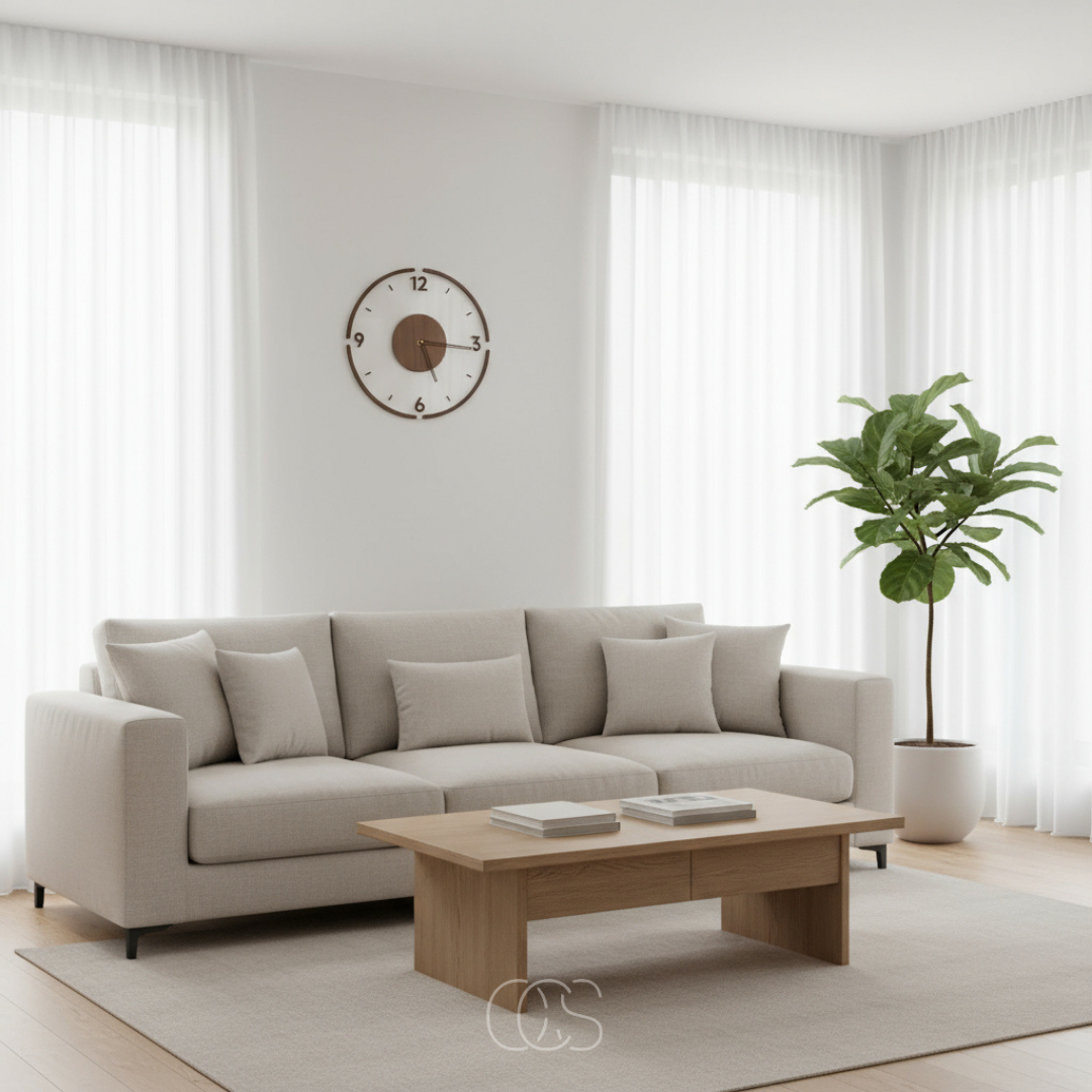 Clock hung on a white wall above a grey sofa, wooden coffee table and potted fig plant 3