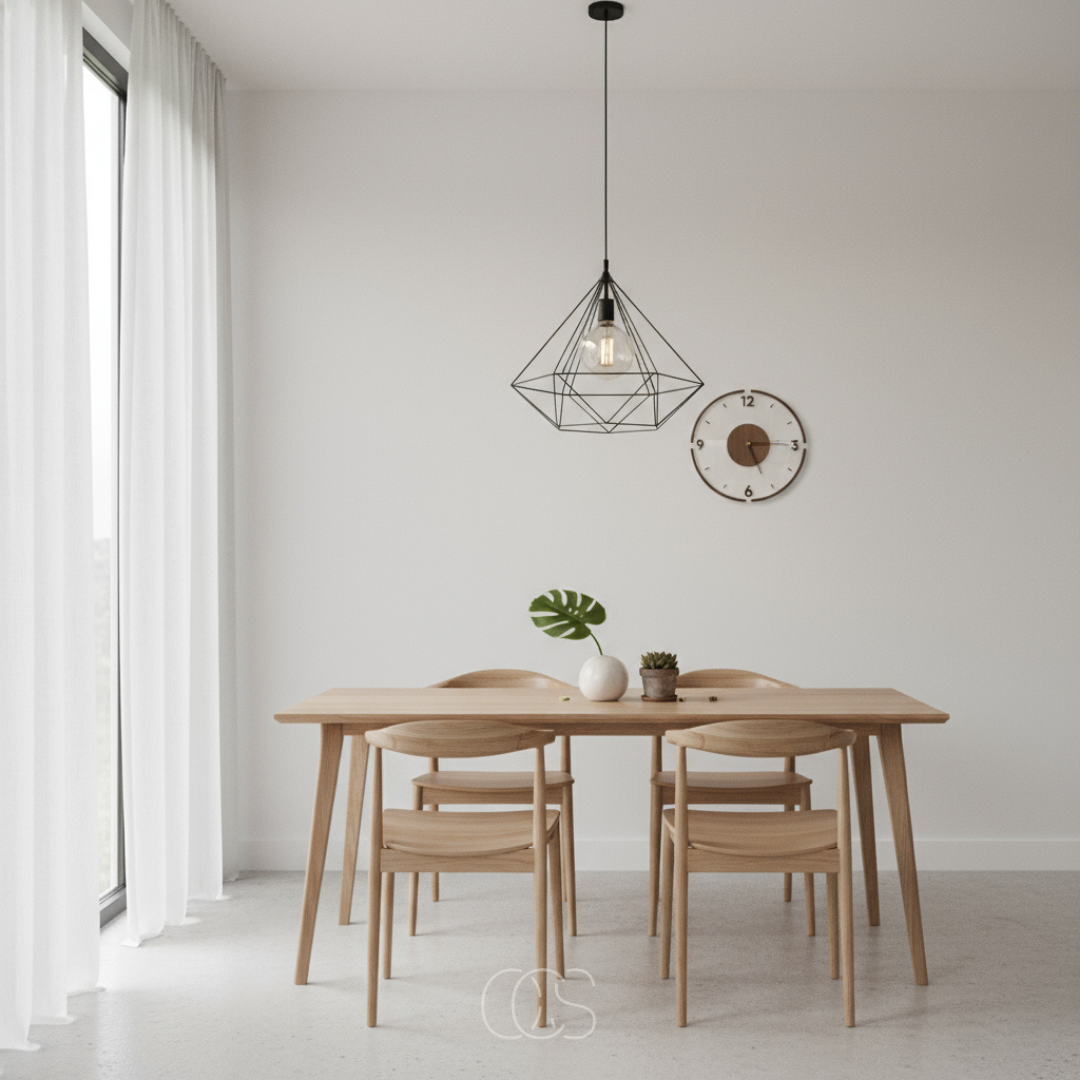 Clock on a white dining room wall beside a wire pendant light, over a wooden table and chairs 5