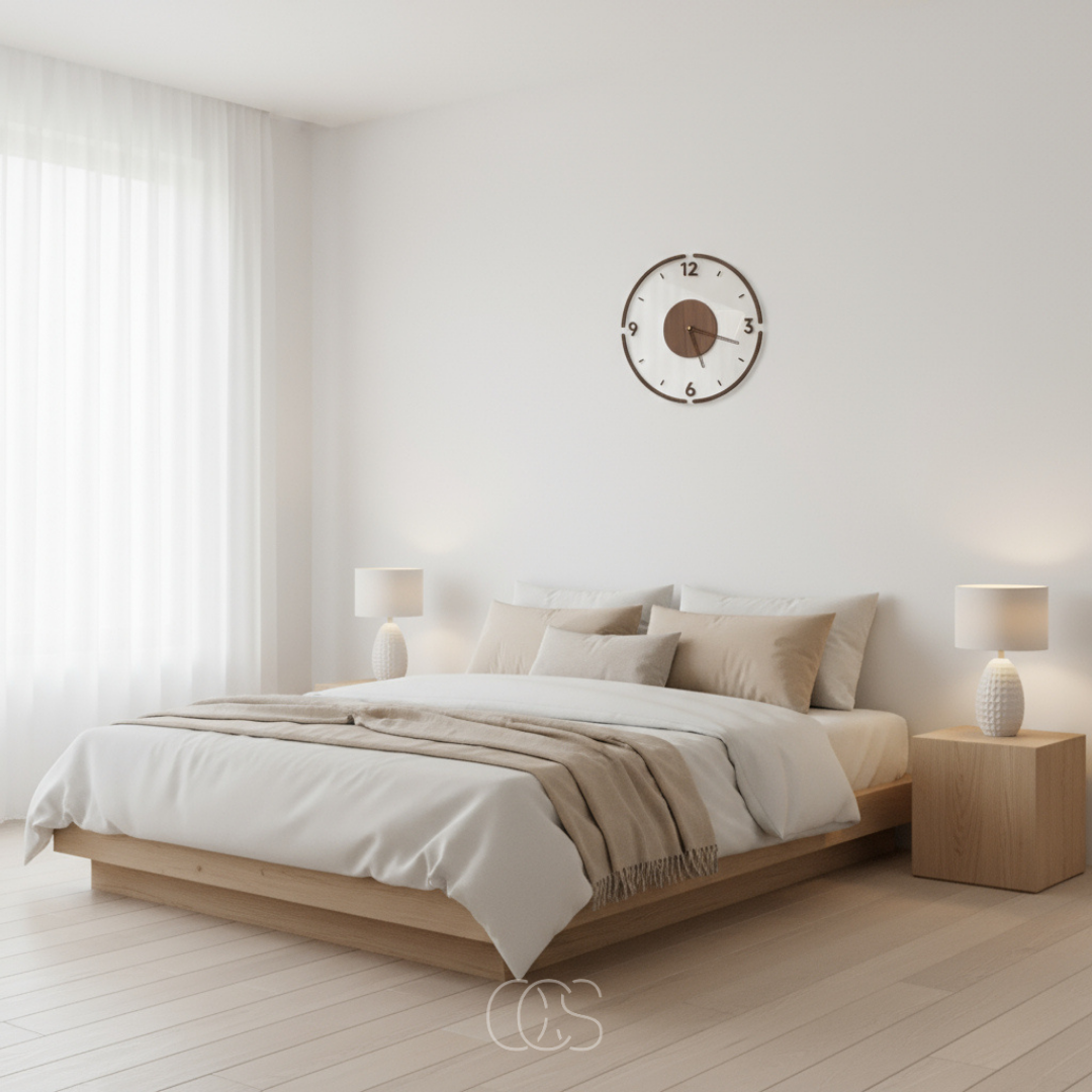 Clock on a white bedroom wall above a low wooden bed with neutral bedding and two table lamps 4