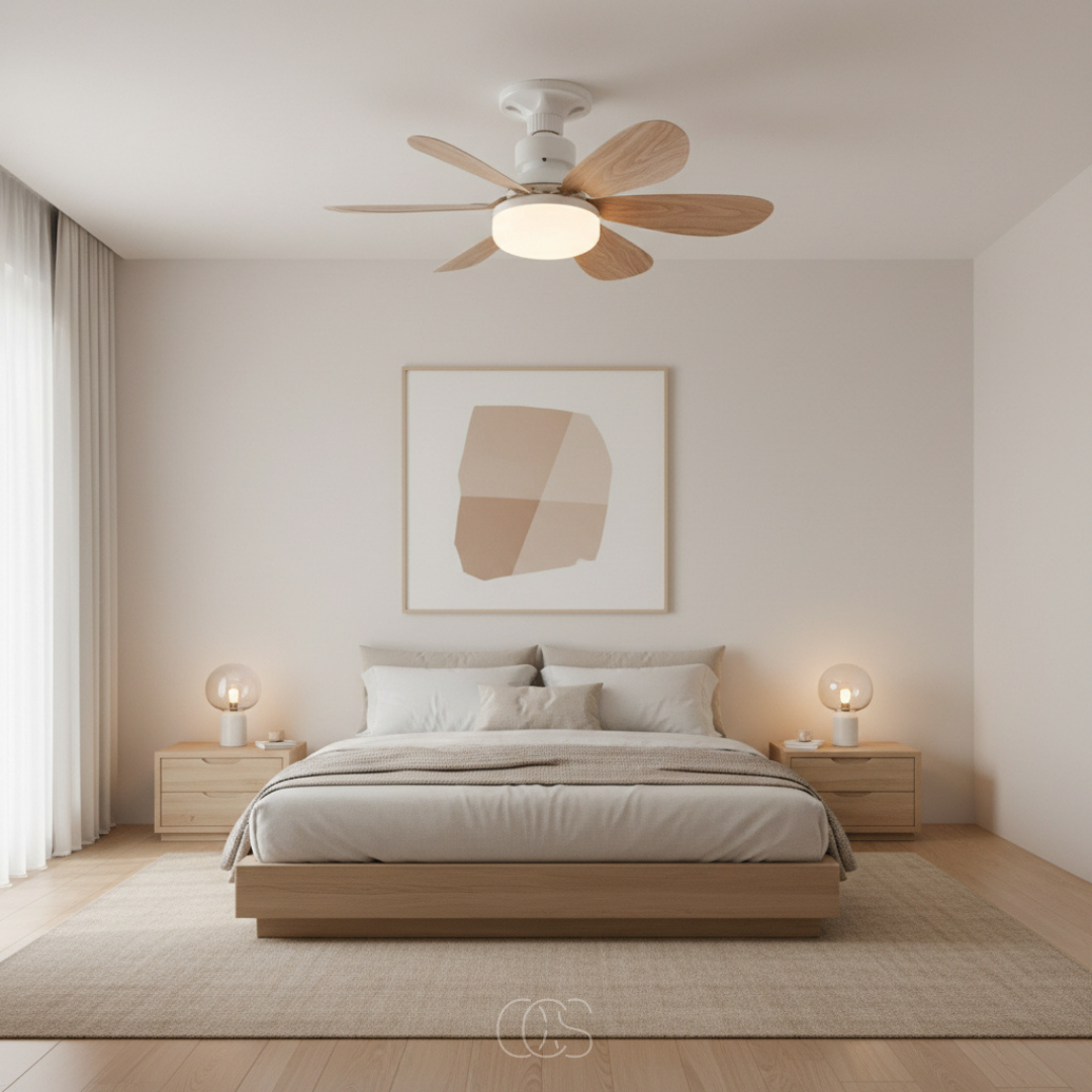 Fan with glowing light mounted above a double bed in a calm, neutral bedroom 3