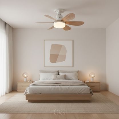 Fan with glowing light mounted above a double bed in a calm, neutral bedroom 3