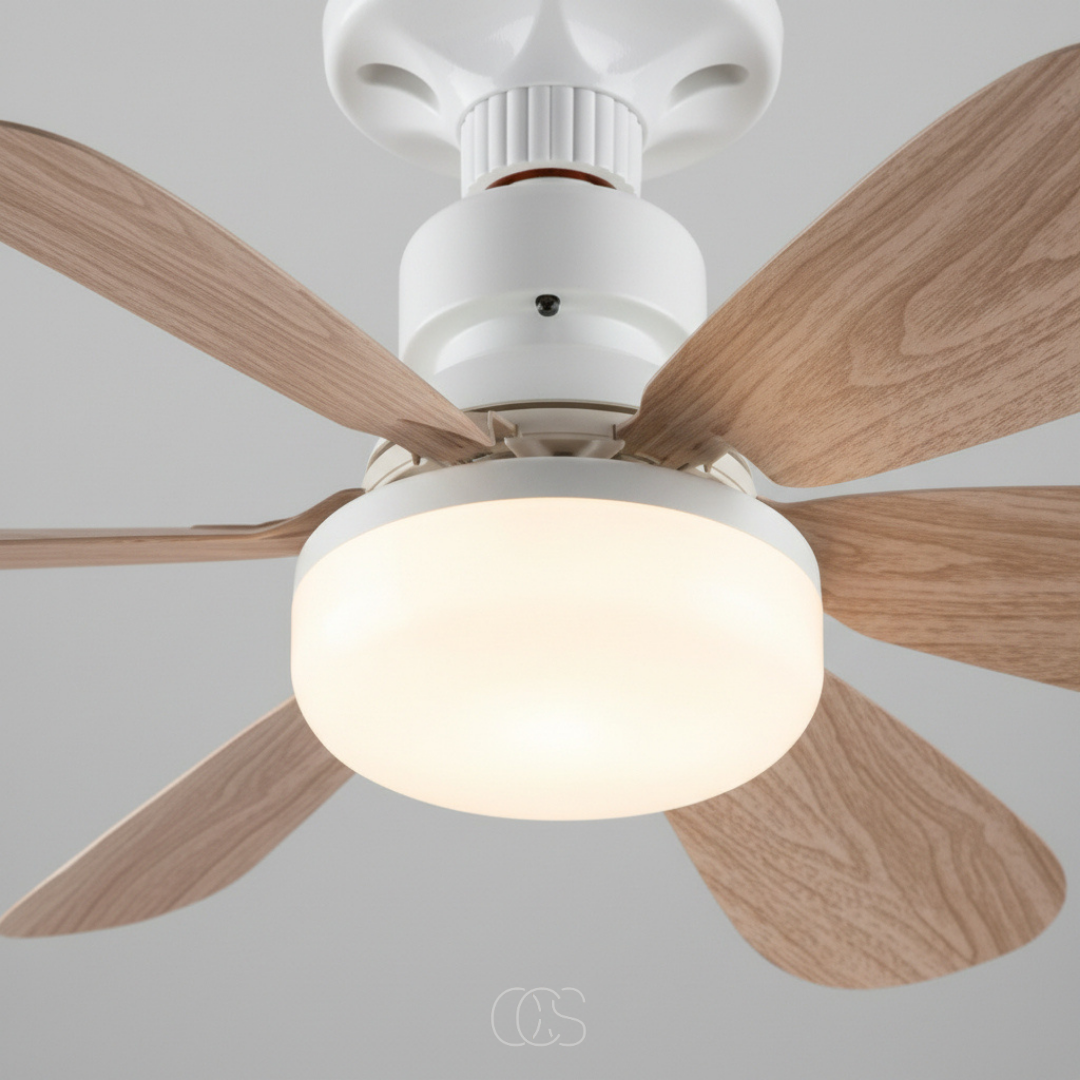 Close-up of the glowing round light and white motor housing with wood-grain fan blades 2