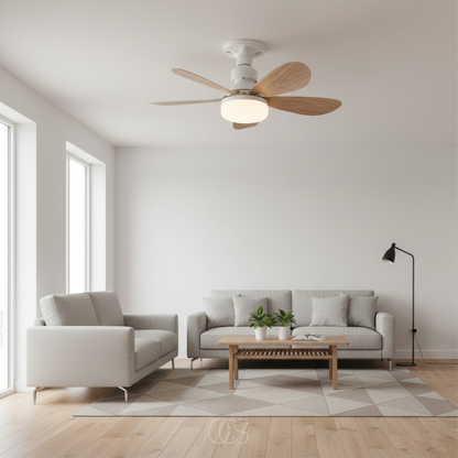 Same living room view, with the lit fan above two grey sofas and a coffee table 5