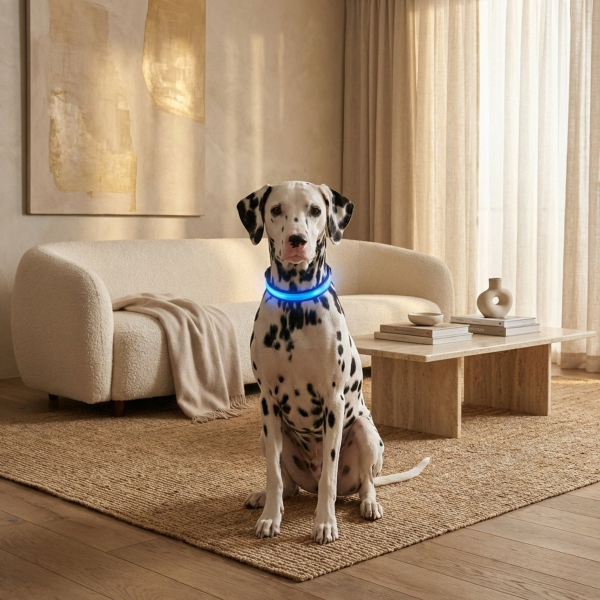 Dalmatian sitting in a cream living room wearing the collar, which glows blue around its neck. 2