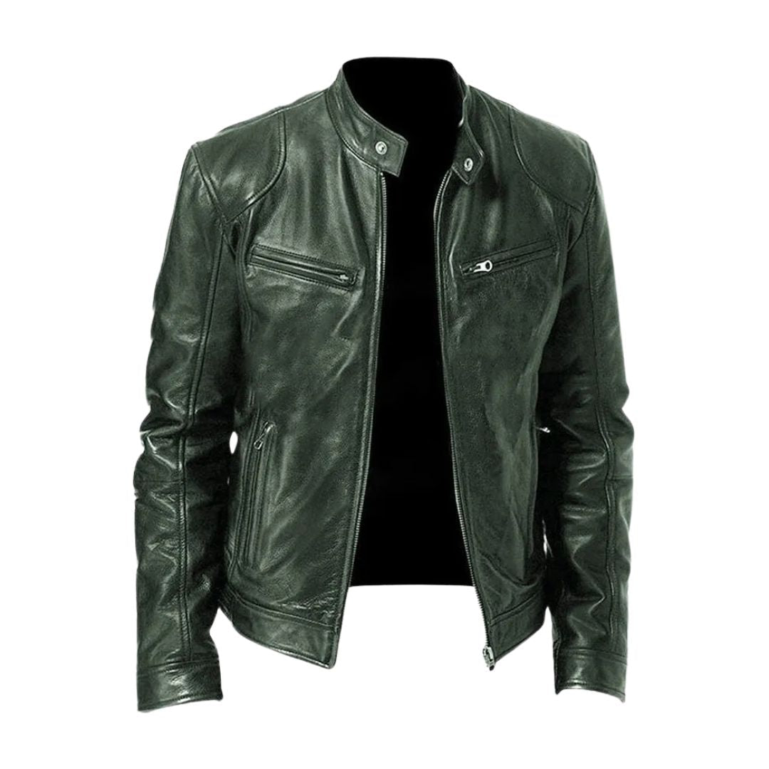 Dark green version of the stand-collar leather jacket, shown unzipped from the front with snap collar tabs and zipped pockets. 4