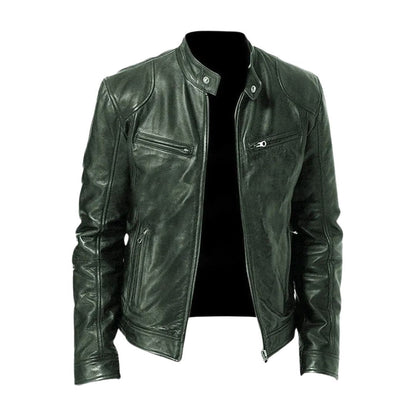 Dark green version of the stand-collar leather jacket, shown unzipped from the front with snap collar tabs and zipped pockets. 4