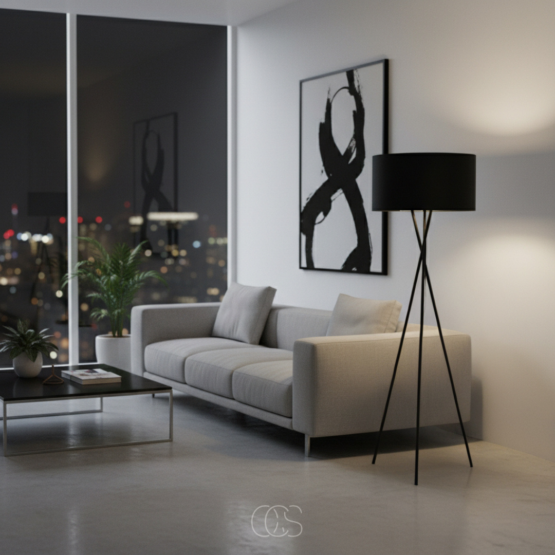 Black tripod floor lamp lit in a dim room with a grey sofa and city view 3