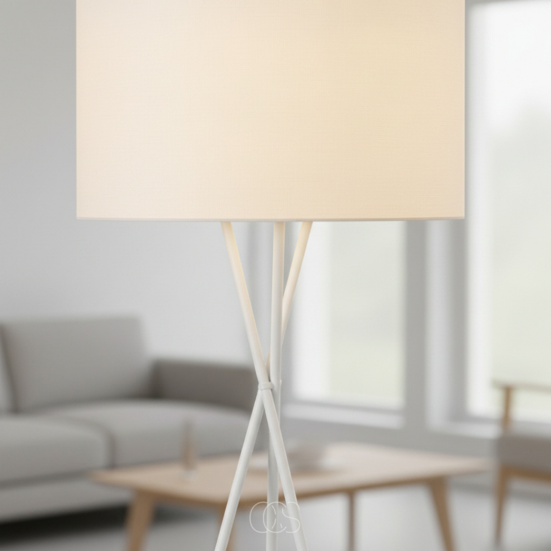 Close-up of a lit cream fabric shade and crossed white tripod legs, with a blurred lounge behind 5