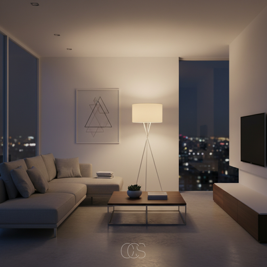 Cream-shaded white tripod floor lamp glowing in an evening lounge with a sectional sofa and low table 7