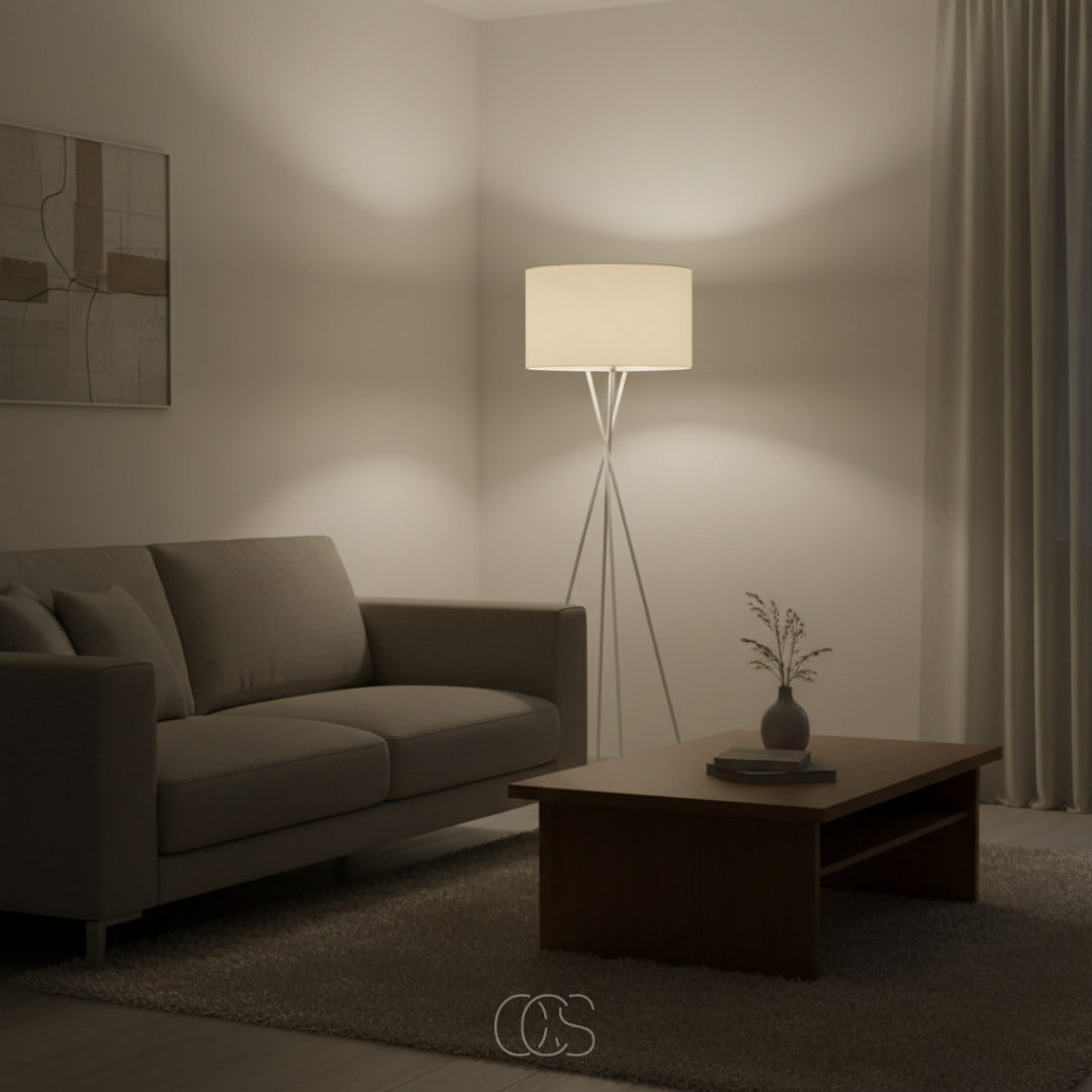 Lit cream-shaded tripod floor lamp in a corner behind a coffee table and brown sofa 8