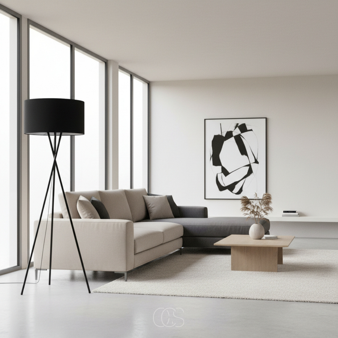 Black tripod floor lamp beside a beige corner sofa in a bright, minimalist living room 1