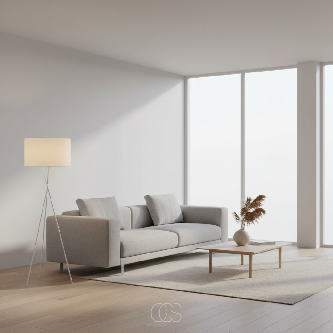 White tripod floor lamp with cream shade beside a grey sofa in a bright room 6
