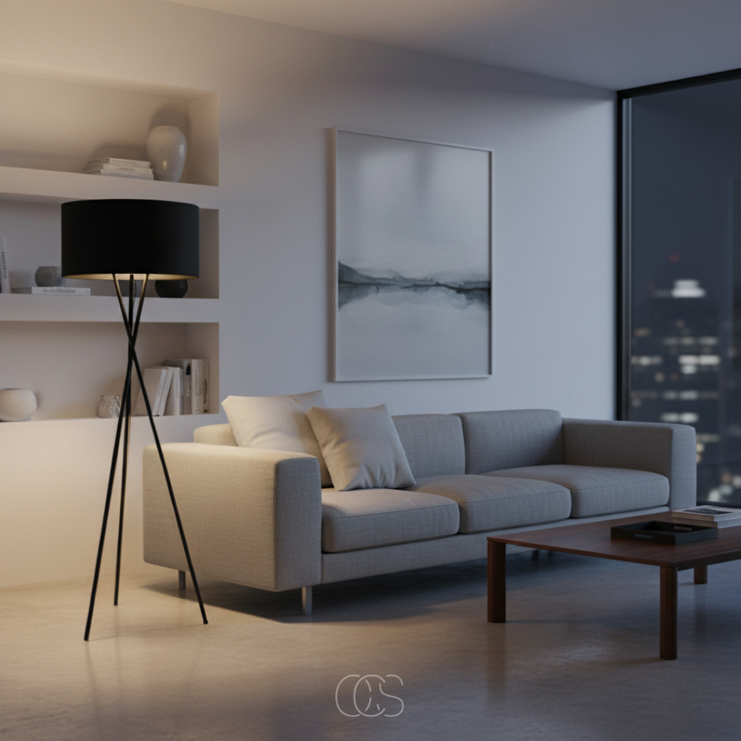 Black-shaded tripod floor lamp glowing softly beside a grey sofa and built-in shelves at night 2