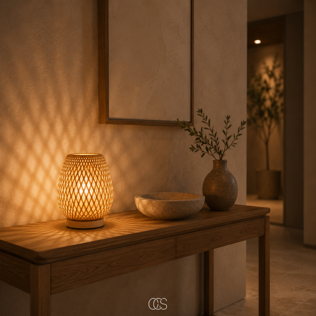 Glowing woven lamp on a wooden console table beside a stone bowl and a vase of olive sprigs, with patterned light on the wall. 2